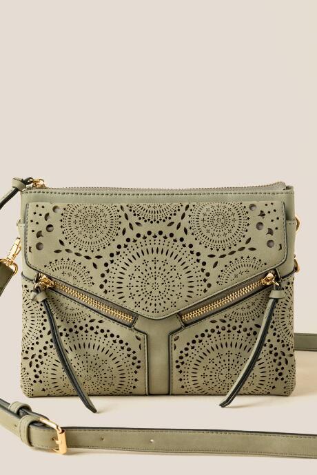 Francesca's Gabby Perforated Double Zip Crossbody - Olive
