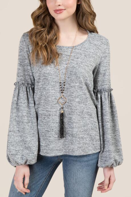 Francesca's Eloise Poet Ruffle Sleeve Hacci Top - Heather Gray