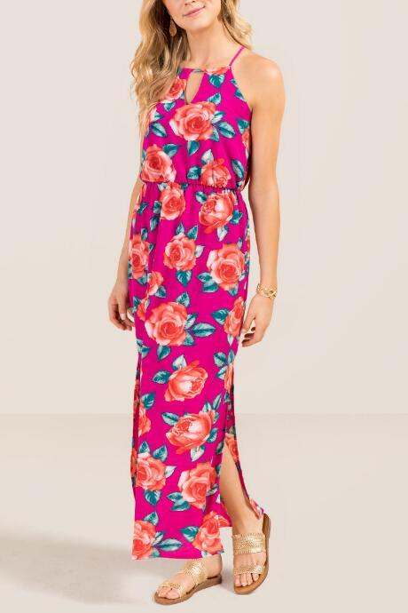 Francesca Inchess Sydney Floral Keyhole Shift Maxi Dress - Fuchsia