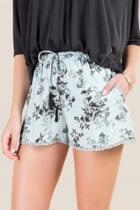 Francesca's Luca Floral Pom Trim Shorts - Light Blue