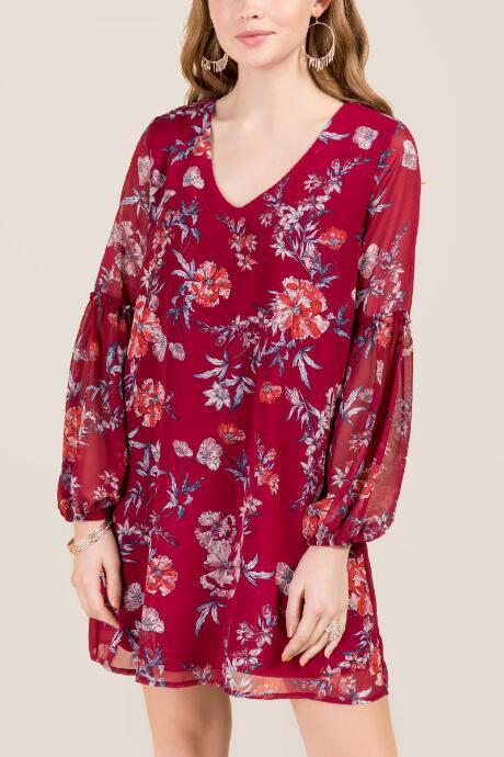 Blue Rain Isla Floral Poet Sleeve Shift Dress - Burgundy