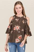 Teenplo Katelyn Floral Ruffle Cold Shoulder Top - Dark Olive