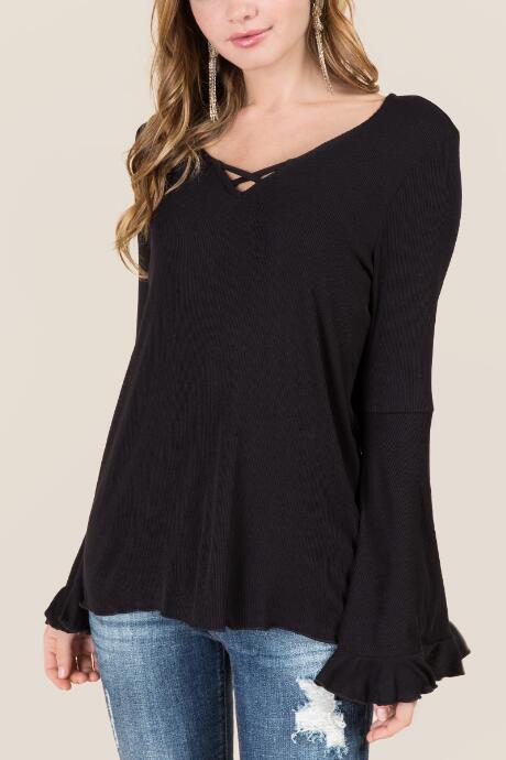 Francesca's Elliott Lettuce Edge Bell Sleeve Top - Black