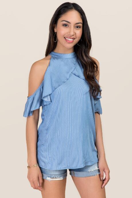 Blue Rain Katrin Ruffle Cold Shoulder High Neck Tank - Chambray