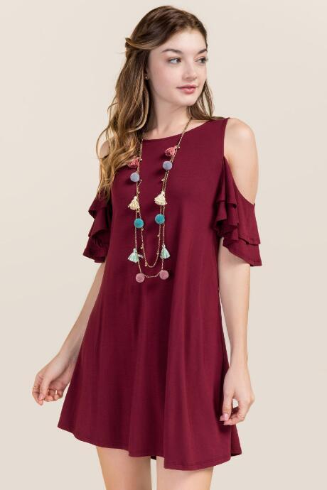 Francesca's Taryn Cold Shoulder Shift Dress - Wine