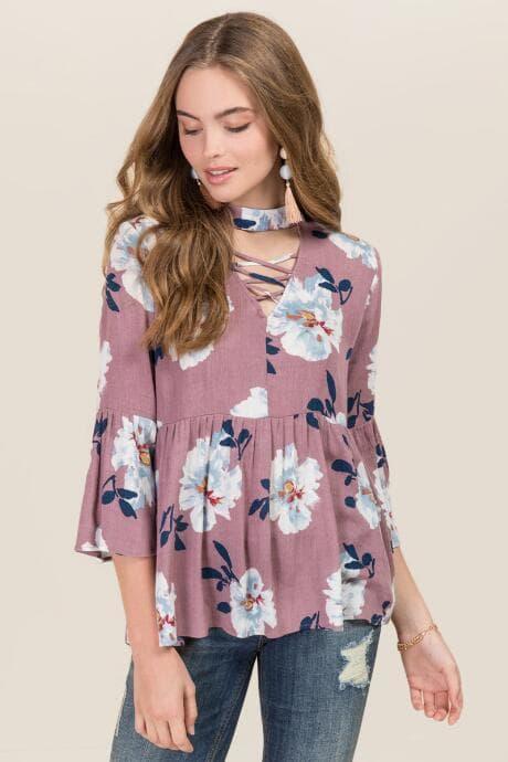 Blue Rain Carrie Lattice Gigi Floral Peplum Top - Orchid
