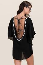 Francesca's Alisa Pom Trim Scoop Back Lattice Neck Cover-up - Black