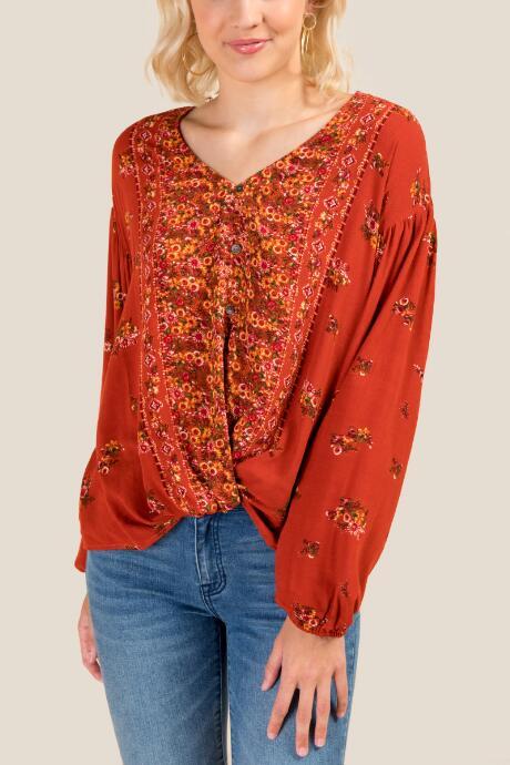 Francesca Inchess Elizabeth Printed Twist Front Blouse - Cinnamon