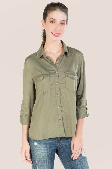 Francesca's Hallie Button Back Button Down - Dark Olive