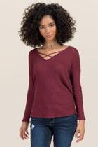 Ayla Sheryl Long Sleeve X Neck Waffle Top - Wine