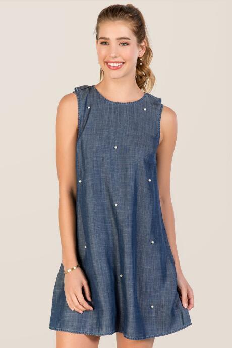 Blue Rain Cathryn Pearl Lattice Back Shift Dress - Chambray