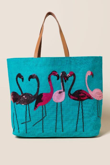 Francesca's Tandy Flamingo Beach Tote - Light Blue