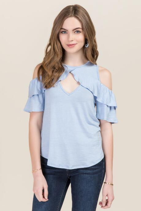 Alya Beryl Ruffle Cold Shoulder Knit Top - Oxford Blue