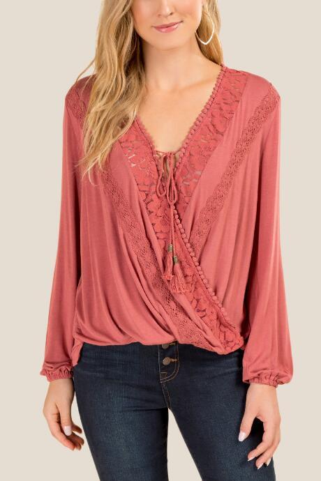Francesca's Belinda Lace Trim Blouse - Rose