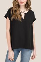Francesca's Rae Short Sleeve Lattice Neck Cuff Sleeve Top - Black