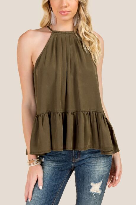 Francesca Inchess Mona High Neck Pleated Peplum Top - Dark Olive