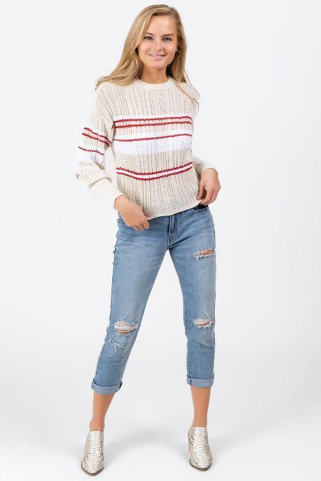 Francesca's Janella Striped Balloon Sleeve Sweater - Ivory