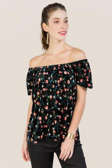 Line And Dot Liv Floral Velvet Off Shoulder Top - Peacock