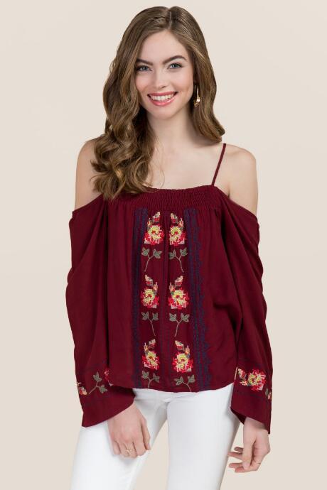 Blue Rain Christelle Floral Embroidery Cold Shoulder Top - Wine