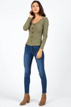 Francesca's Marsha Front Button Ribbed Tee - Olive