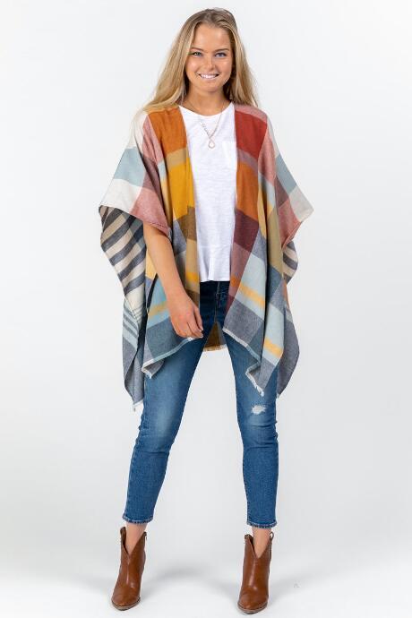 Francesca's Maxine Mixed Media Plaid Poncho - Mustard