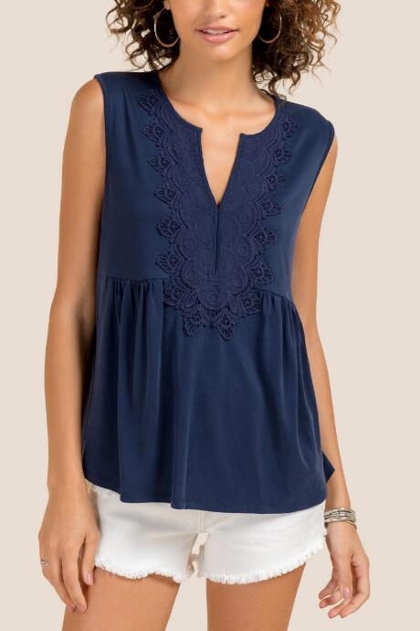 Francesca's Lucy Crochet Front Sleeveless Top - Navy