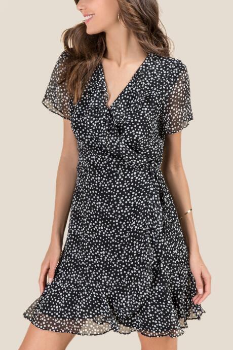 Francesca Inchess Ara Wrap Ruffle Basic A-line Dress - Black/white