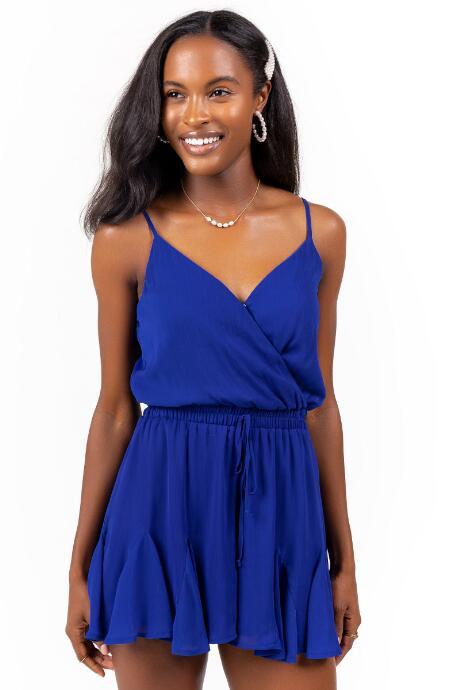 Francesca's Lorelle Ruffle Drawstring Romper - Blue