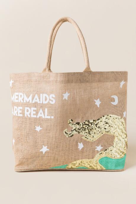 Francesca's Mermaids Are Real Jute Tote - Turquoise