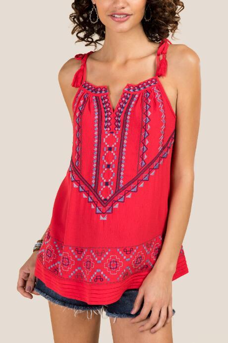 Francesca Inchess Saskia Embroidered Tassel Tie Sleeveless Tank - Red