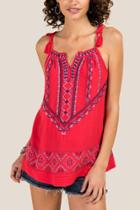 Francesca Inchess Saskia Embroidered Tassel Tie Sleeveless Tank - Red