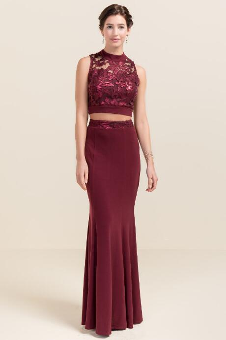Francesca's Paulina Embroidery Two Piece Prom Dress - Wine