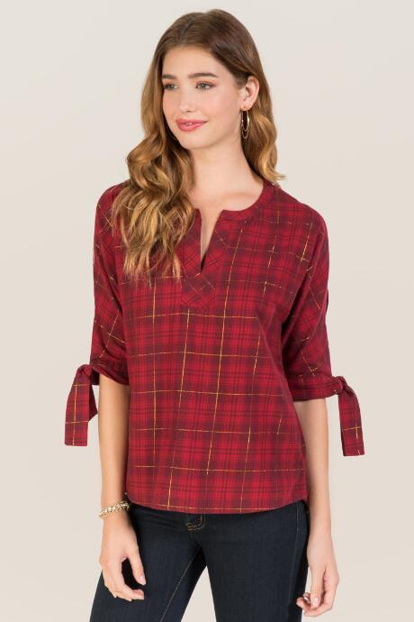 Francesca's Jordan Tie Sleeve Plaid Top - Red