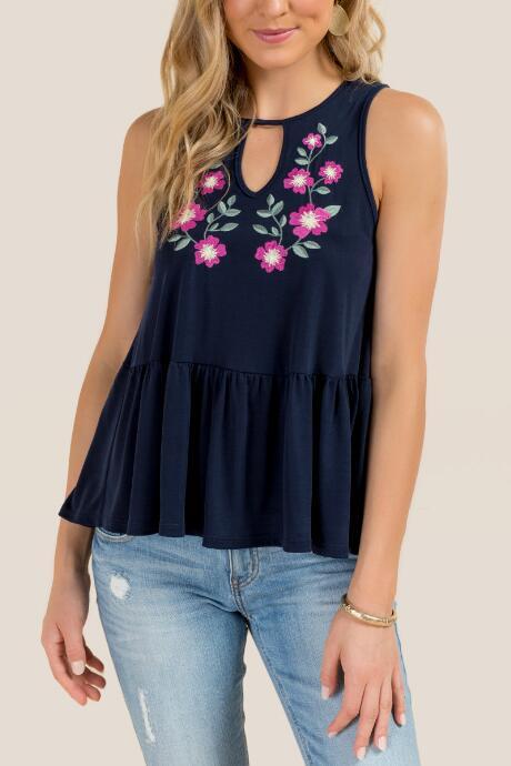Francesca's Lola Floral Embroidery Peplum Top - Navy