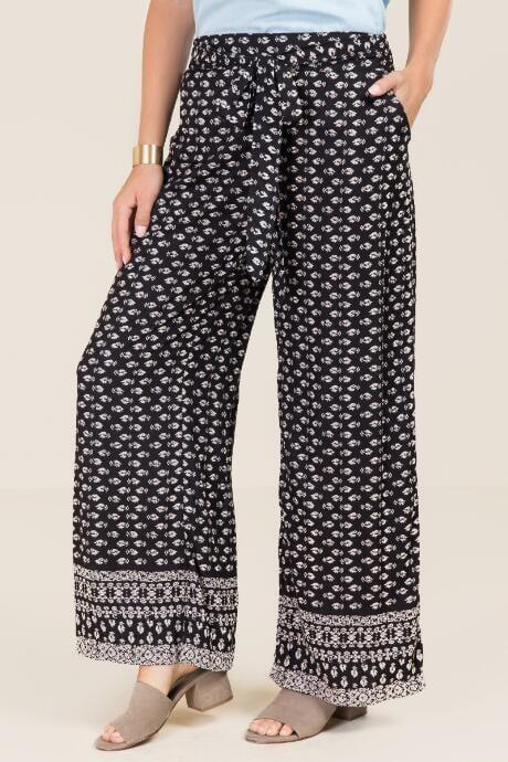 Blue Rain Arya Border Print Palazzo Pant - Black