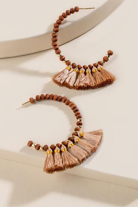 Francesca's Gia Wood Beaded Tassel Earrings - Brown