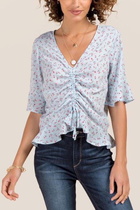 Francesca Inchess Lorene Shirred Front Floral Blouse - Light Blue