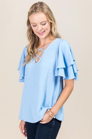 Blue Rain Adaila Double Ruffle Sleeve Lattice Neck Top - Oxford Blue