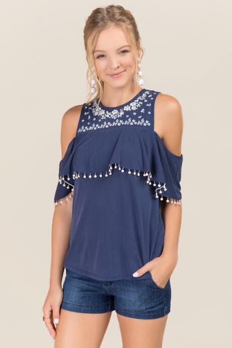 Alya Judith Embroidered Cupro Cold Shoulder Top - Navy