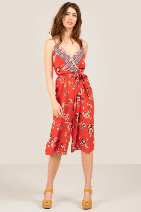 Francesca's Alice Floral Wrap Front Jumpsuit - Red