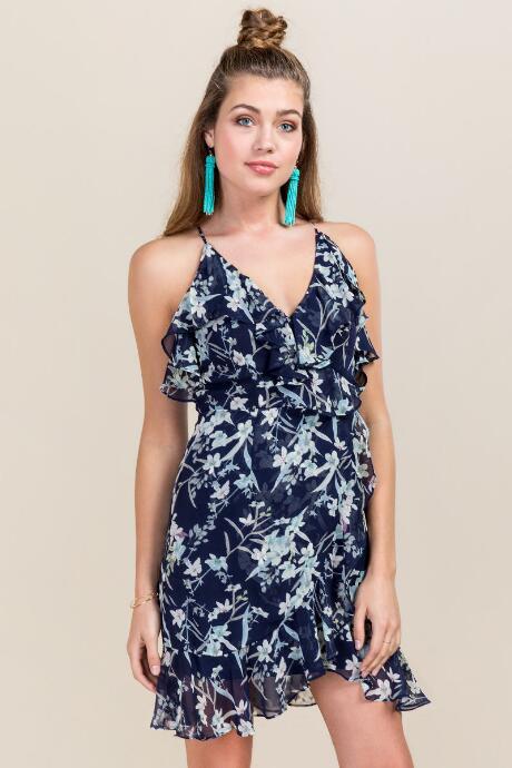 Mi Ami Cailah Floral Ruffle Wrap Dress - Navy