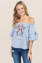 Blue Rain Lyric Ruched Sleeve Embroidered Off The Shoulder Top - Navy