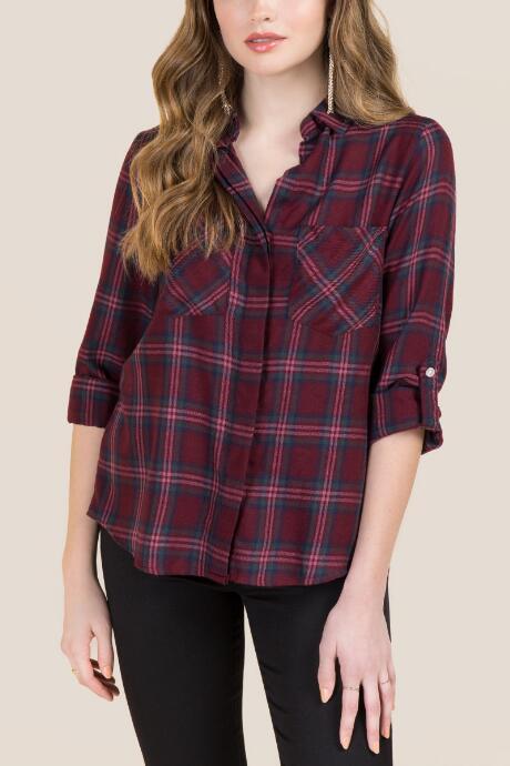 Francesca's Averie Flannel Plaid Button Down - Burgundy