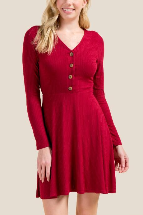 Francesca's Katie Ribbed Button Front Knit Dress - Brick