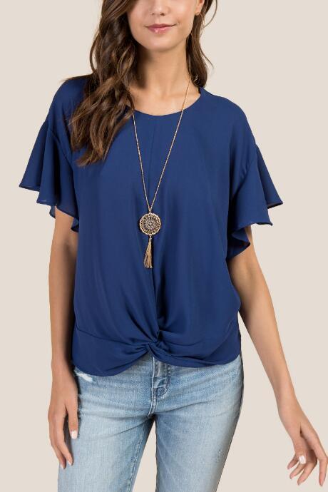 Francesca Inchess Avery Flutter Sleeve Twist Front Blouse - Navy