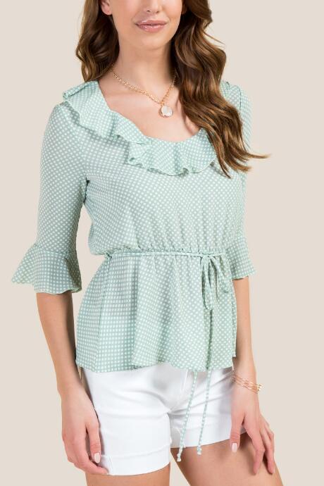 Francesca's Demi Ruffle Sleeve Tie Waist Top - Mint