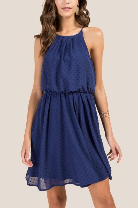Francesca's Astra Swiss Dot Solid A-line Dress - Navy