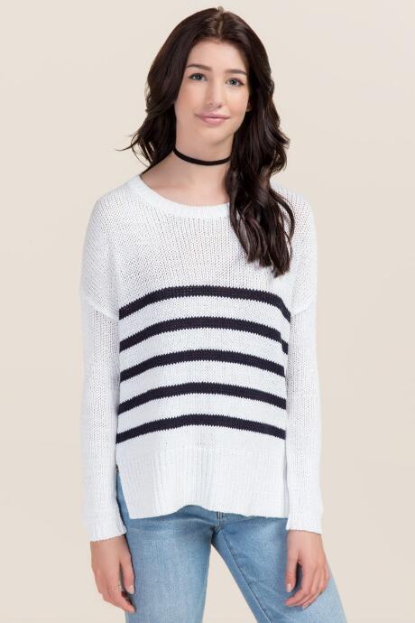 Quinn Brielle Step Hem Striped Sweater - White