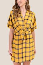 Francesca's Skye Tie Front Plaid Shirt Dress - Mustard
