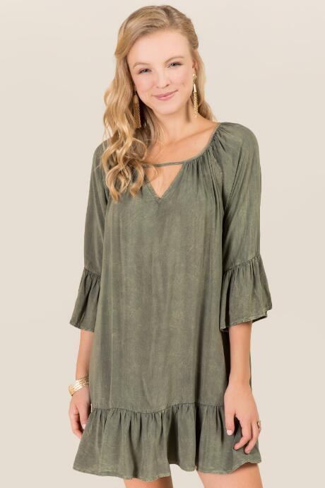 Blue Rain June Keyhole Ruffle Mineral Wash Shift Dress - Olive